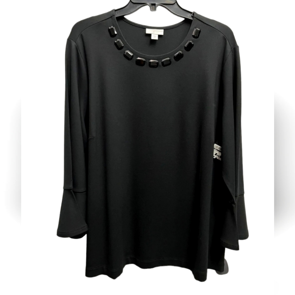 J. Jill Ponte Black Embellished‎ Neckline 3/4 Split Bell Sleeve Top Petite Large